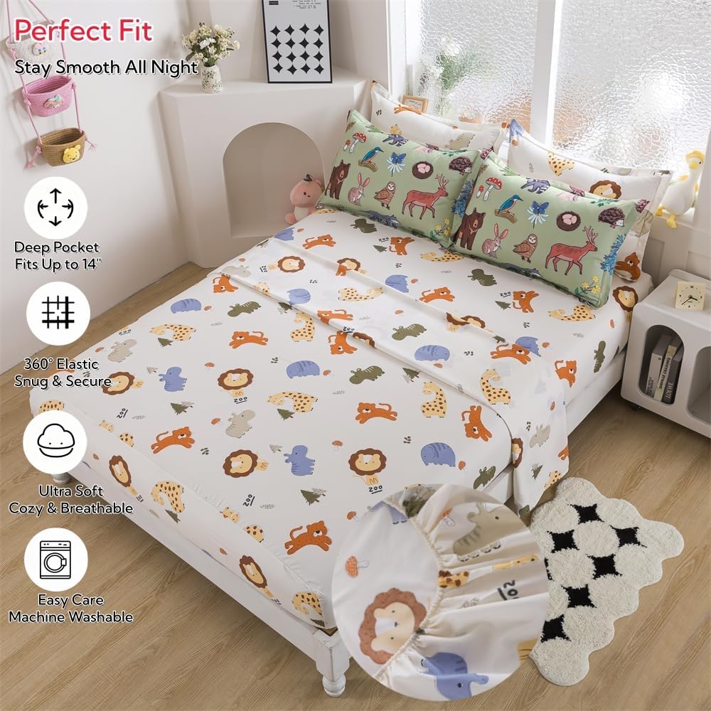lishjekee 5Pieces Animal Comforter Twin for Kids Wild Animal Bedding Set Bed in A Bag Forest Wildlife Comforter and Sheets Set for Boys Girls Jungle Bear Wolf Deer Bed Set Home Decor