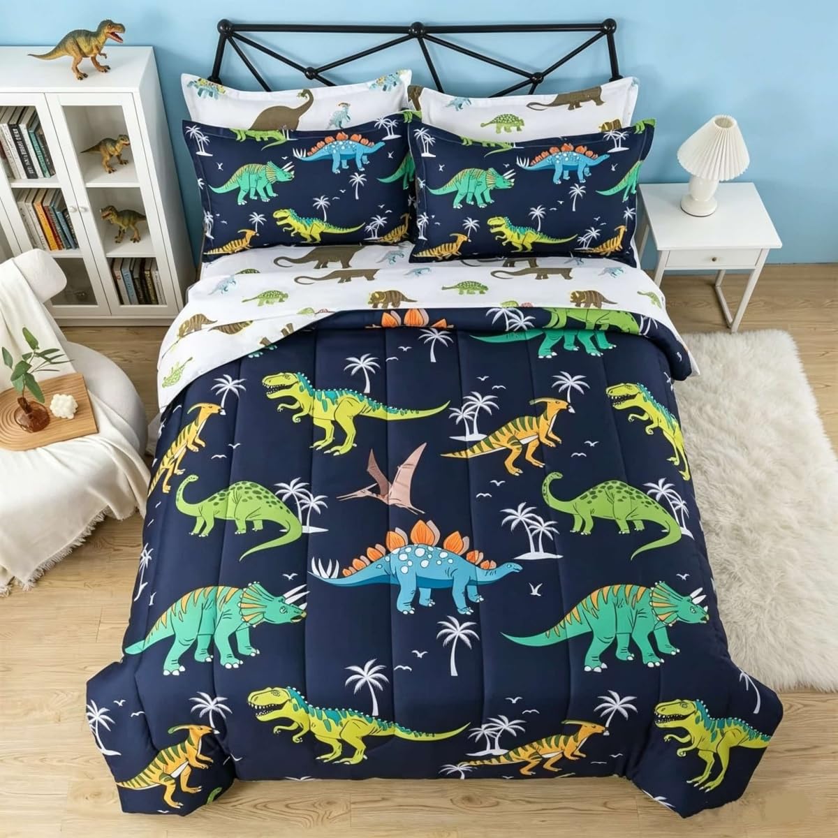 lishjekee 5Pieces Animal Comforter Twin for Kids Wild Animal Bedding Set Bed in A Bag Forest Wildlife Comforter and Sheets Set for Boys Girls Jungle Bear Wolf Deer Bed Set Home Decor