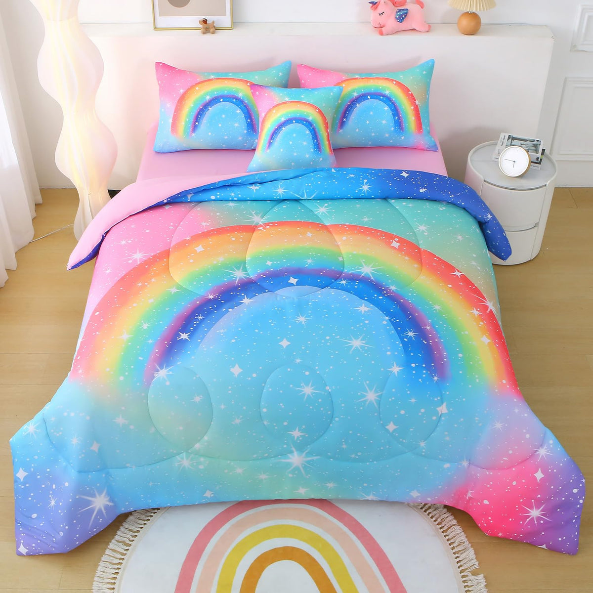 JQinHome Twin Pink Purple Comforter Set, 6 Piece Bed in A Bag 3D Colorful Bedding Set for Girls Kids (1 Comforter,2 Pillowcases,1 Flat Sheet,1 Fitted Sheet,1 Cushion Cover)(Pink Purple)