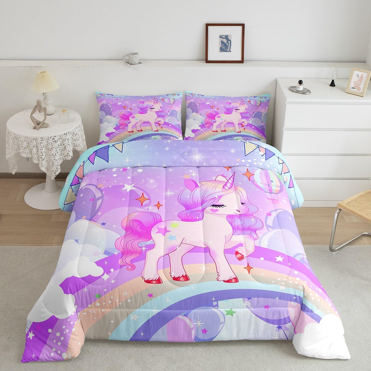 Feelyou Unicorn Girls Bedding Set Twin Rainbow Kids Pink Unicorn Comforter Set Kawaii Cute Reversible Stars Duvet Quilt Teens Children Adults Cartoon Unicorn Room Decor All Season