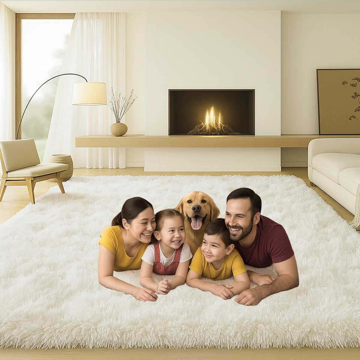 8x10 Cream Fluffy Shag Area Rug, Non-Slip Soft Carpet for Home