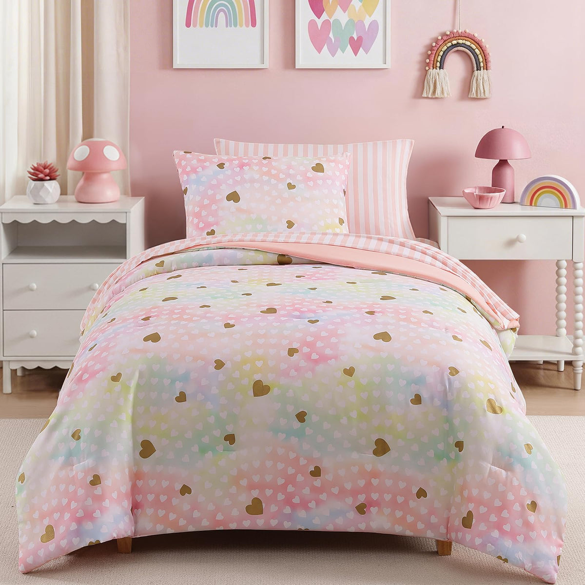 Twin XL Comforter Set for Girls - 5 Pieces Pink Floral Bed in a Bag