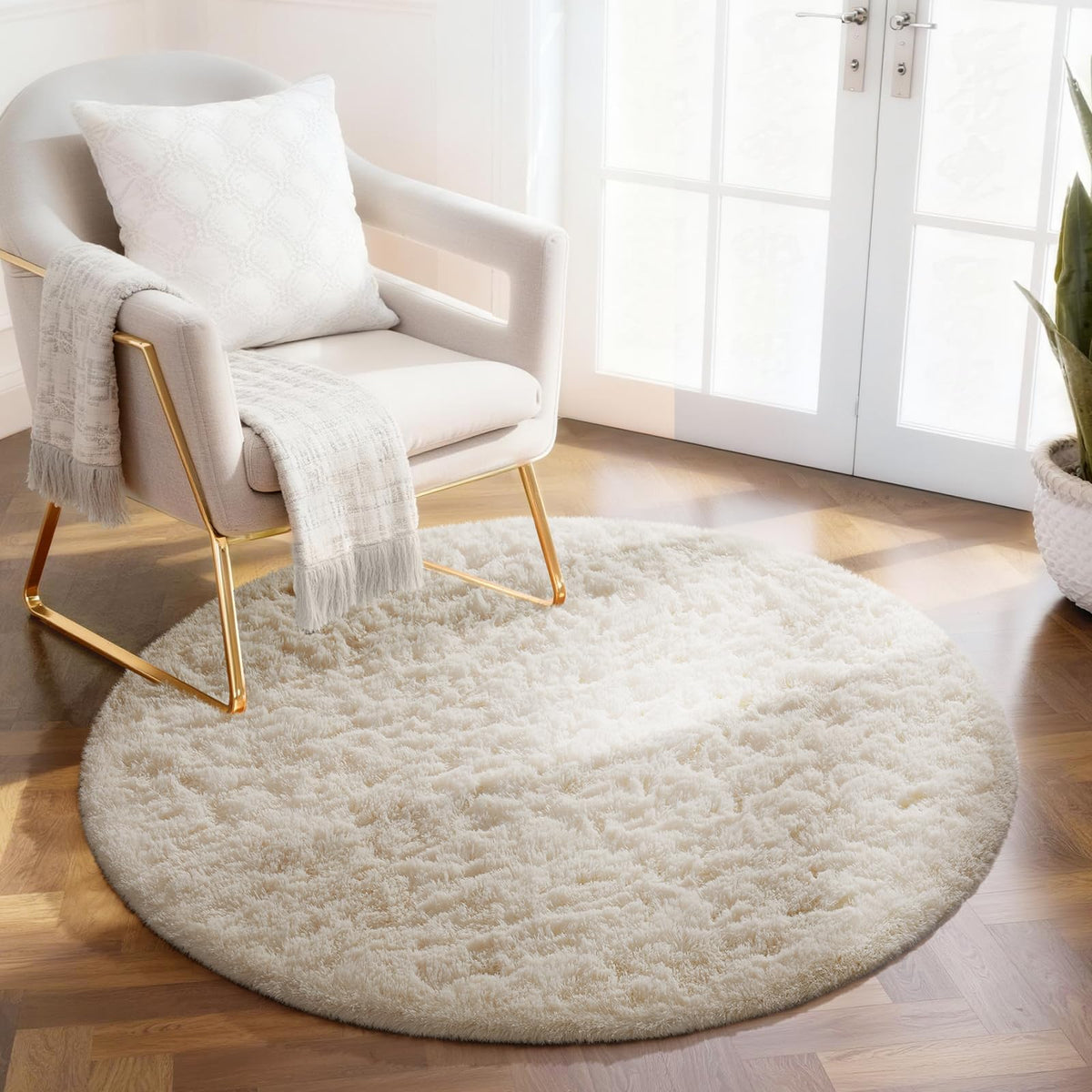 Ophanie Round Rugs 5Ft Ivory Circle Area Rug,Baby Nursery Living Room Bedroom Decor Circular Carpet 5 Foot,Fluffy Fuzzy Shag Plush Cream for Kids Boys Girls Teen with Over 99 pcs Pile fibers