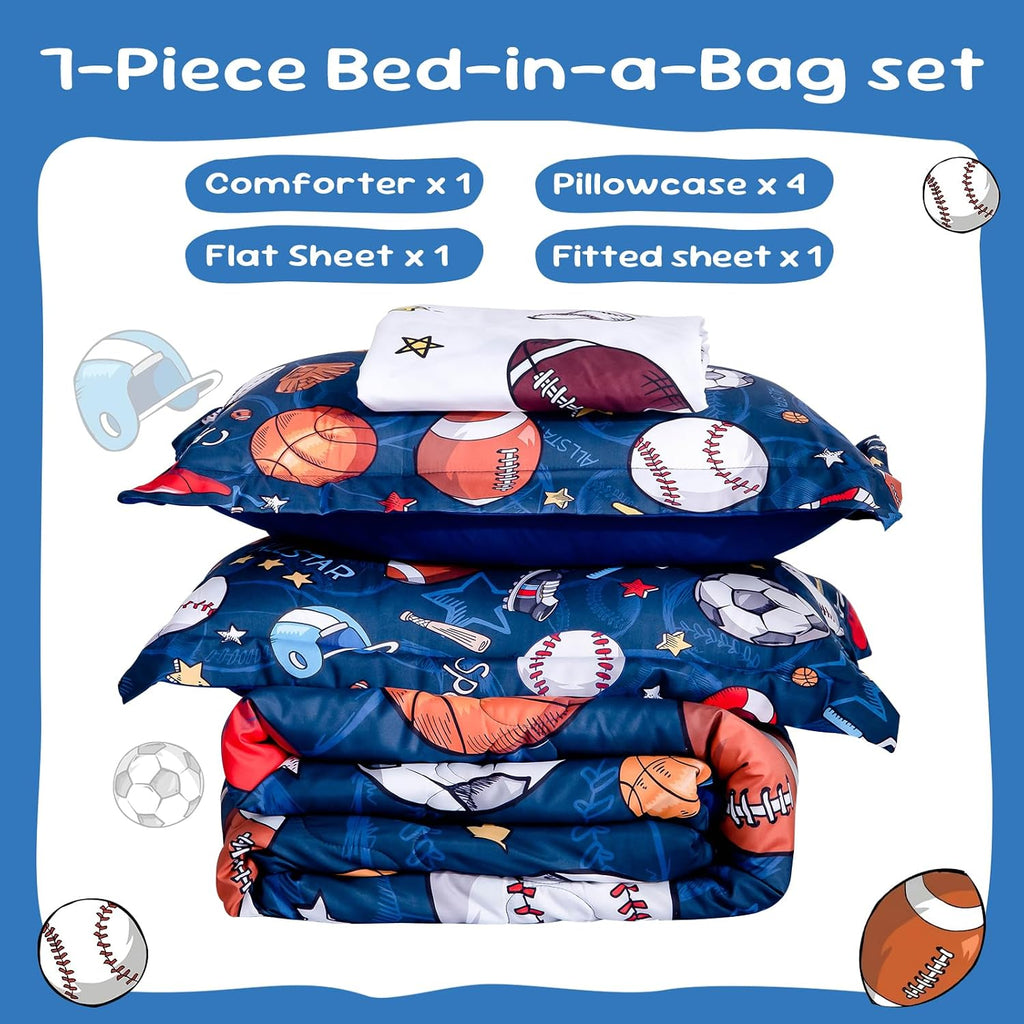 Wajade Sports Comforter Set Bed in A Bag Full Size 7 Piece 3D Soccer Basketball Baseball Football Bedding Set for Kids Boys (1 Comforter, 1 Flat Sheet, 1 Fitted Sheet, 2 Pillowcase and 2 Pillow Sham)