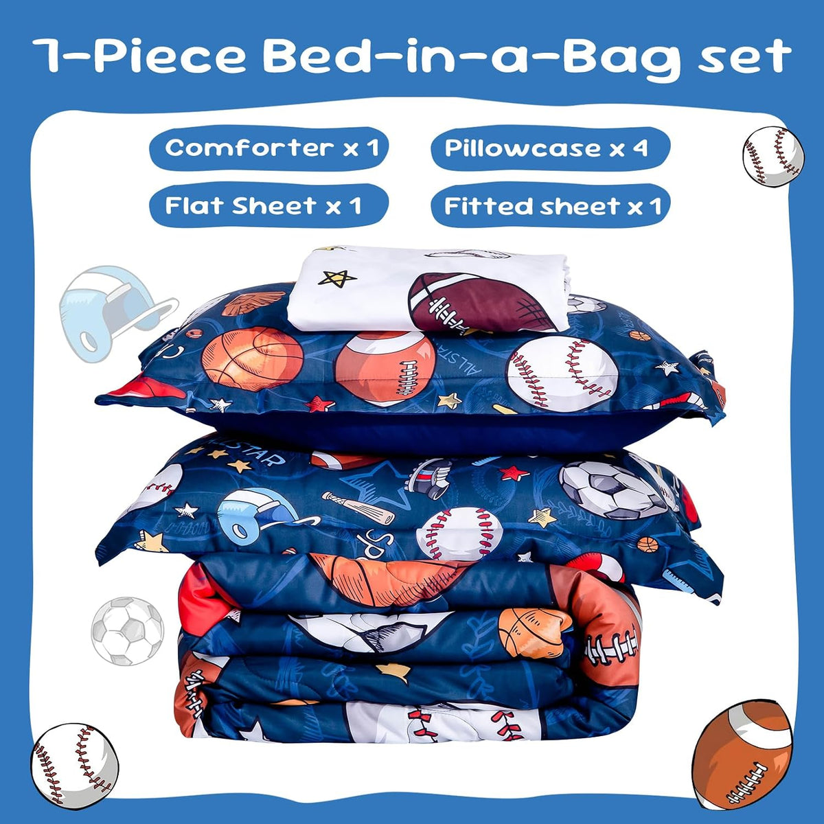 Wajade Sports Comforter Set Bed in A Bag Full Size 7 Piece 3D Soccer Basketball Baseball Football Bedding Set for Kids Boys (1 Comforter, 1 Flat Sheet, 1 Fitted Sheet, 2 Pillowcase and 2 Pillow Sham)