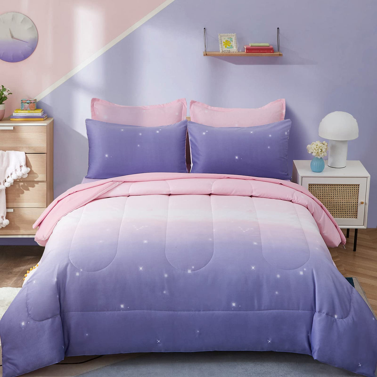 Dinjoy Girls Comforter Set 7 Pieces, Queen Size Colorful Ombre Rainbow Bedding Set, Bed in A Bag for Kid Teen Girls (1 Comforter, 1 Flat Sheet, 1 Fitted Sheet, 2 Pillow Shams, 2 Pillowcases)