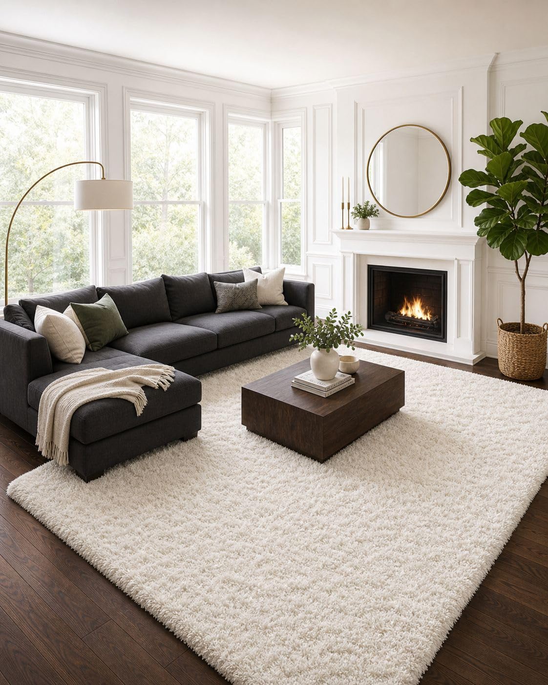 Ophanie Round Rugs 5Ft Ivory Circle Area Rug,Baby Nursery Living Room Bedroom Decor Circular Carpet 5 Foot,Fluffy Fuzzy Shag Plush Cream for Kids Boys Girls Teen with Over 99 pcs Pile fibers