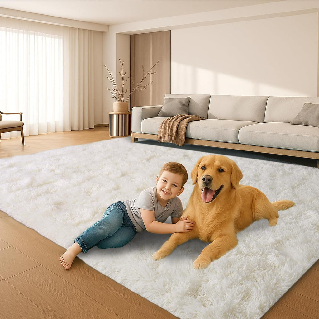 8x10 Cream Fluffy Shag Area Rug, Non-Slip Soft Carpet for Home