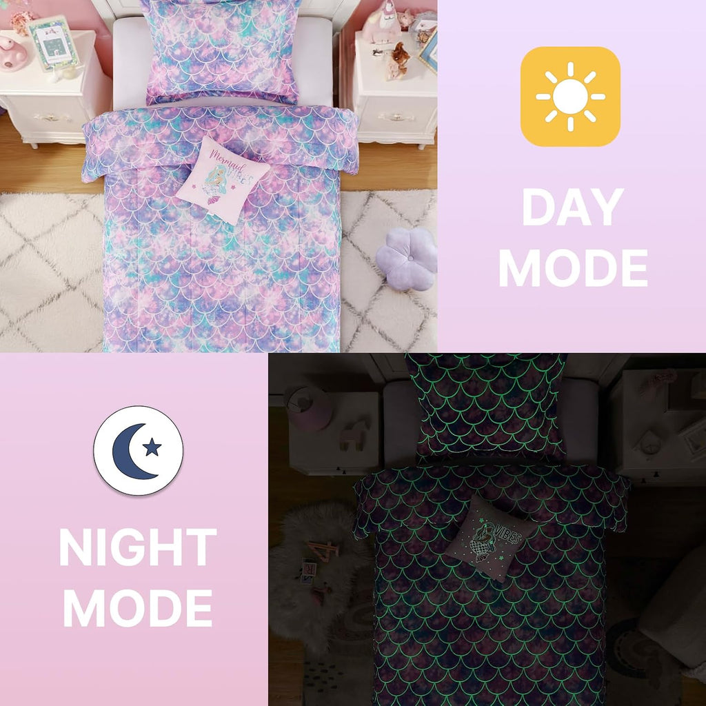 Twin Comforter Set for Girls-3 Pieces Mermaid Glow in the Dark Bedding Sets