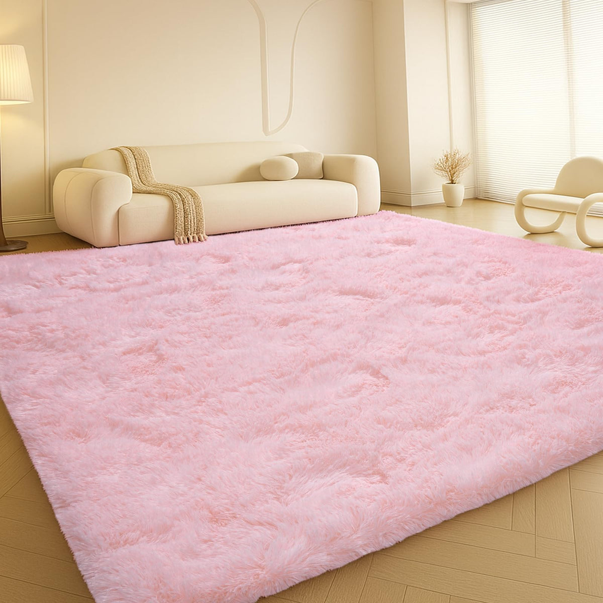 8x10 Cream Fluffy Shag Area Rug, Non-Slip Soft Carpet for Home