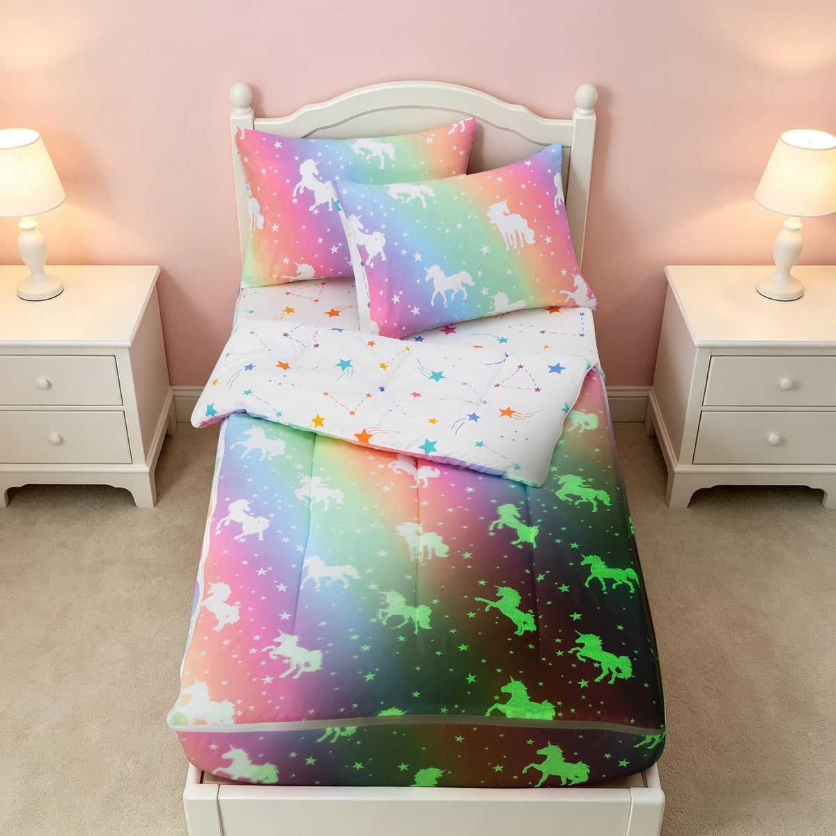 NTBED Unicorn Zipper Bedding Sets Twin for Kids Boys Lightweight Glow in Dark Comforter Set with Fitted Sheet Rainbow Pillow Covers