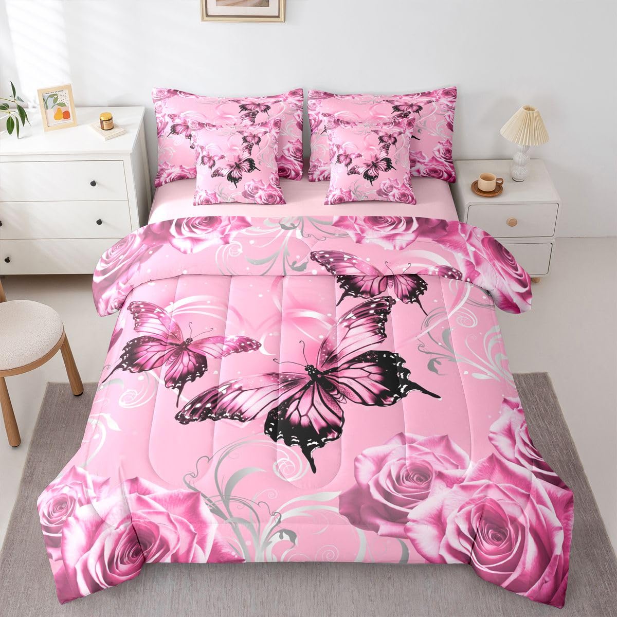 Feelyou Kids Pink Bowknot Bed in A Bag Twin Size, Personalized Initial A Comforter Set with Sheets Princess Glitter 7 Pieces Bedding Set Boys Girls Bow Alphabet Teens Bed Set Bedroom Decor 7Pcs