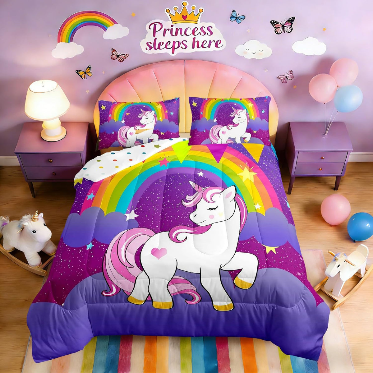 Erosebridal Girls Unicorn Comforter Set Twin Girls Bedding Set Cute Rainbow Unicorn Print Down Comforter Kids Cartoon Kawaii Duvet Insert Galaxy Stars Fantasy Room Decor Children Reversible Purple