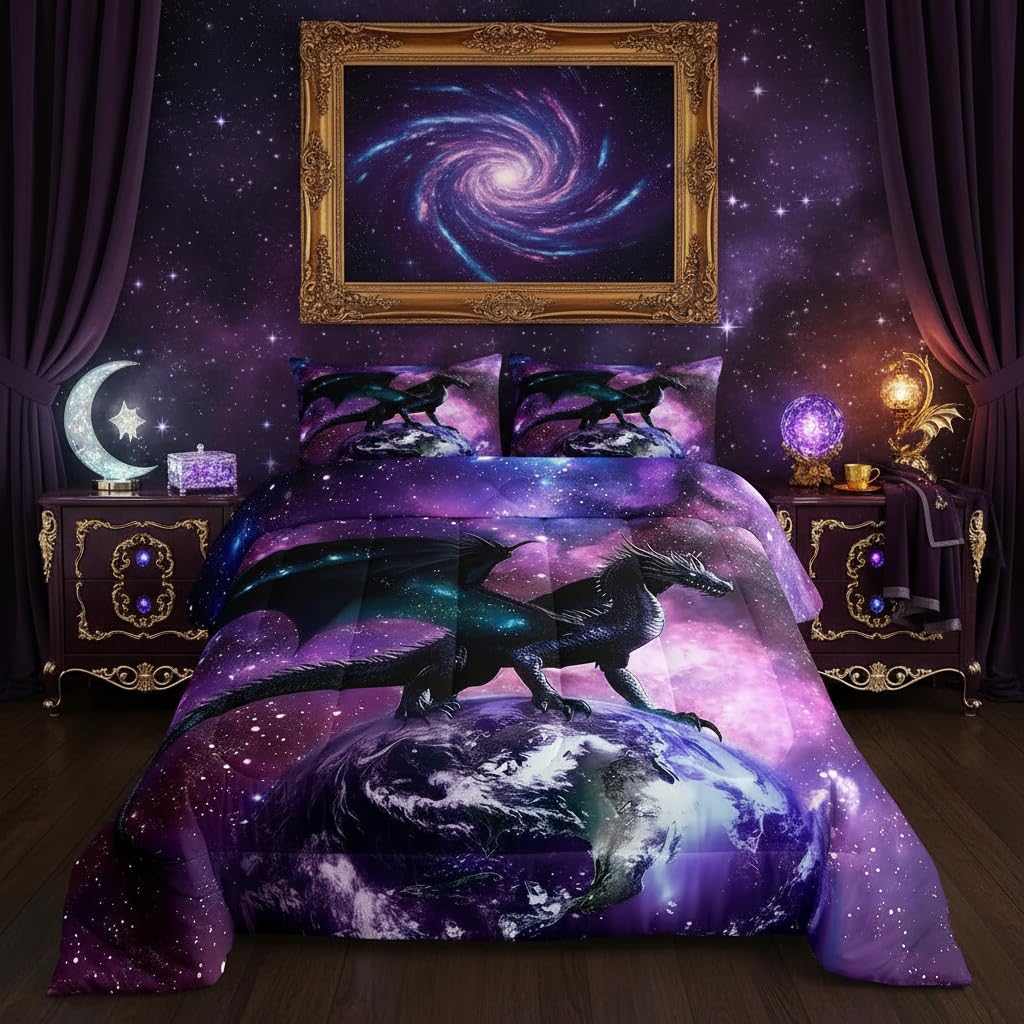 Erosebridal Girls Unicorn Comforter Set Twin Girls Bedding Set Cute Rainbow Unicorn Print Down Comforter Kids Cartoon Kawaii Duvet Insert Galaxy Stars Fantasy Room Decor Children Reversible Purple