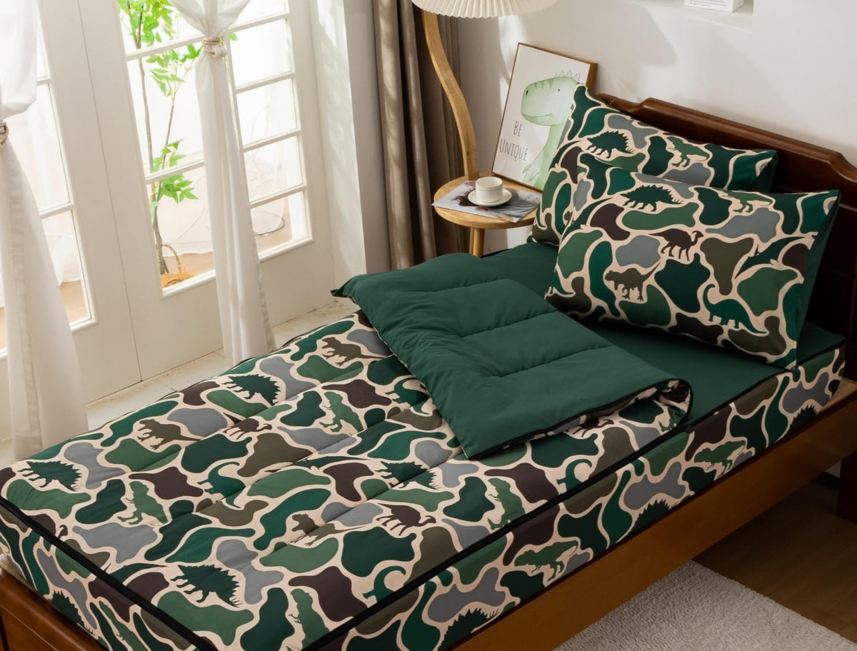 Meeting Story Zippable Bedding Twin,Dinosaur Camo Bedding Set Zip Up Comforter Bed in a Bag with Fitted Sheet and 2 Pcs Pillowcases(Green,Twin)