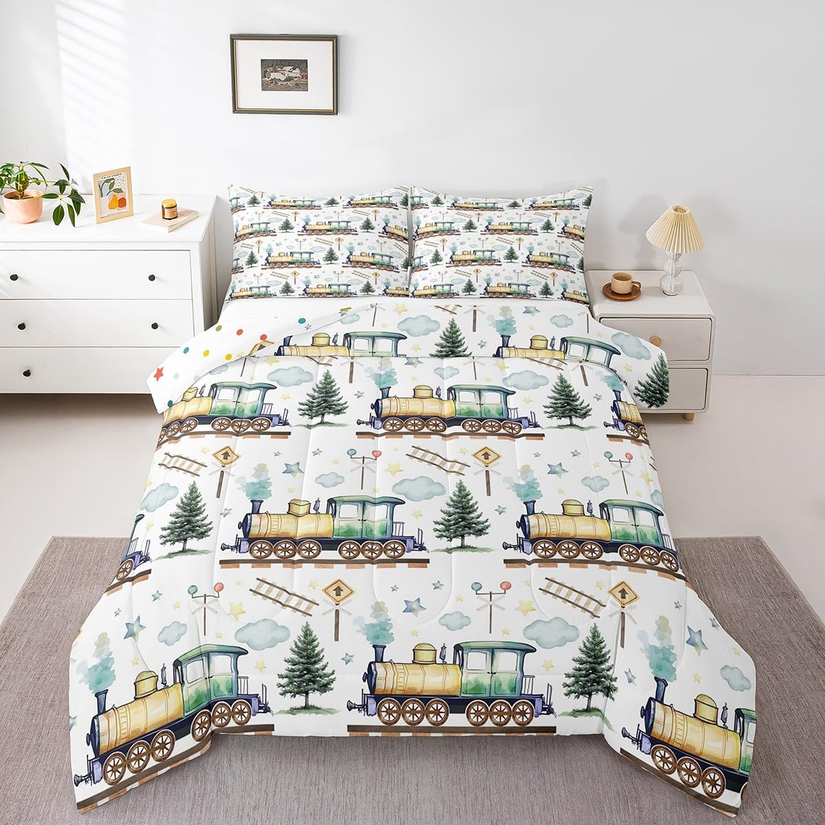 Erosebridal Cartoon Train Comforter Set Twin Kids Bedding for Boys Girls