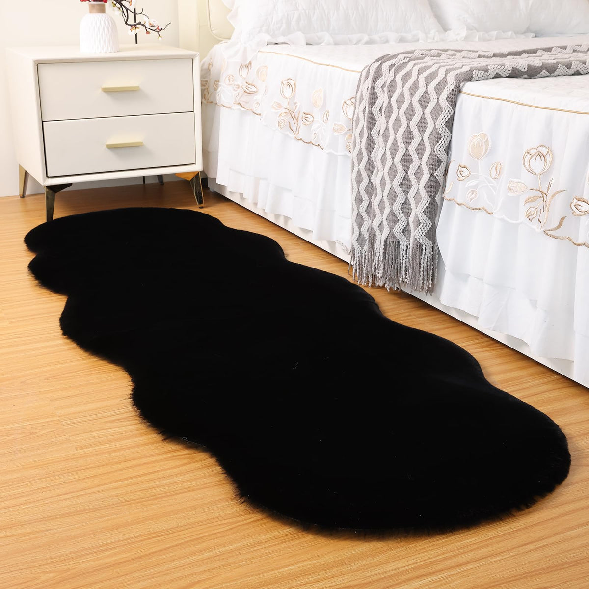 Fluffy Faux Rabbit Fur Rug 2'x6ft Beige Non-Slip Washable Mat Bedroom Living Room