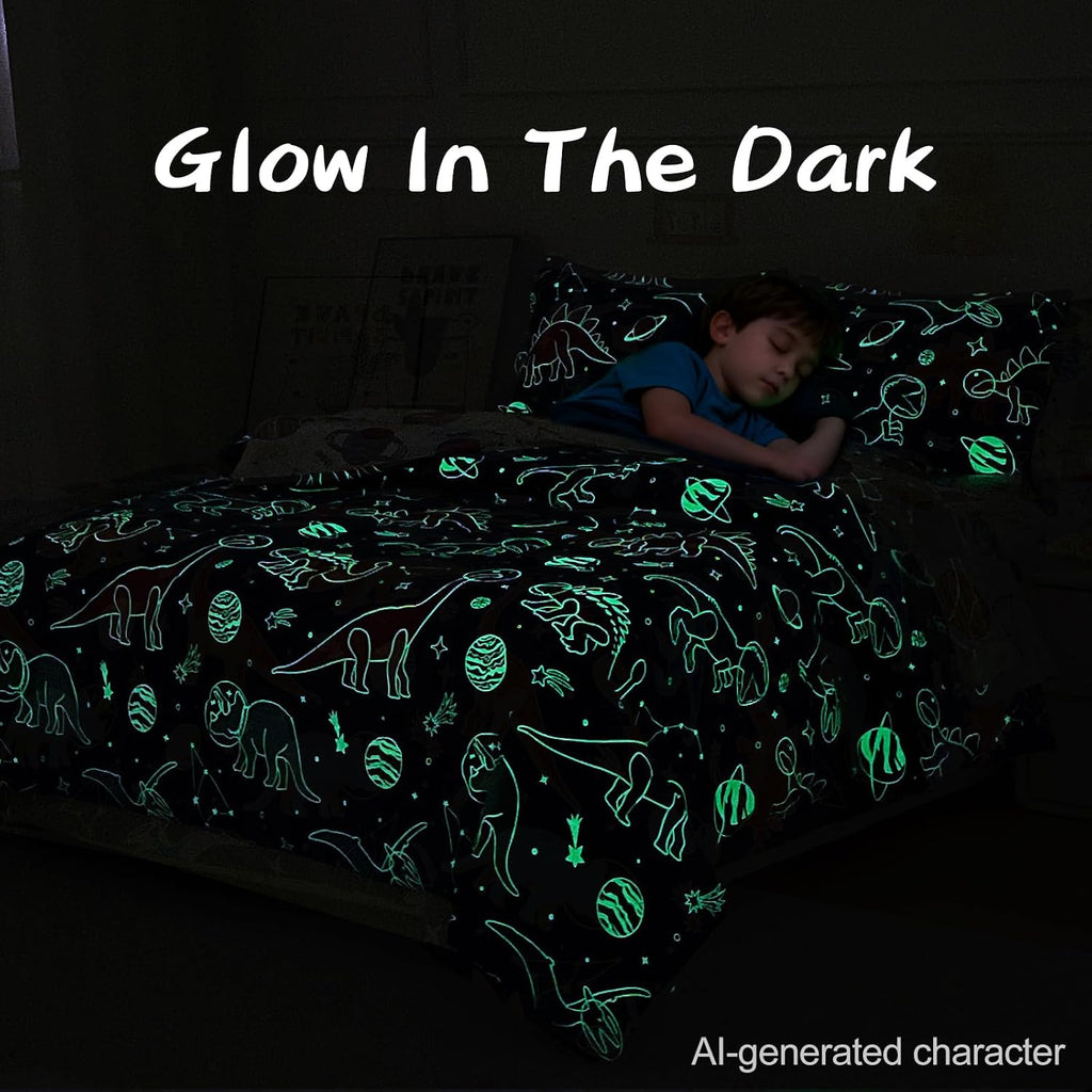 A Nice Night 5pc Glow in The Dark Dinosaur Kids Queen Comforter Sets