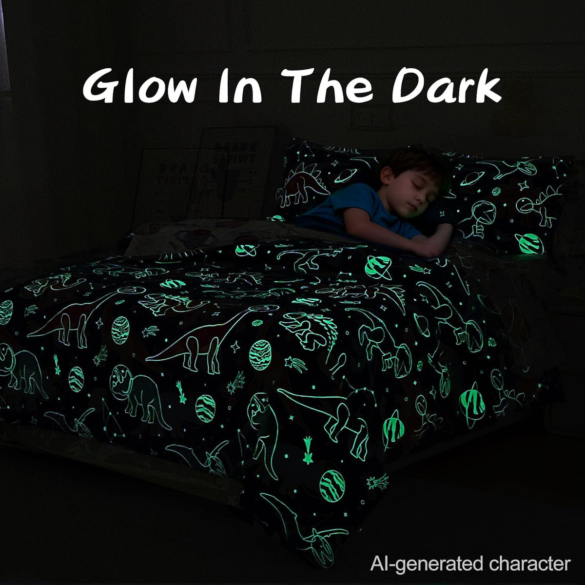 A Nice Night 5pc Glow in The Dark Dinosaur Kids Queen Comforter Sets