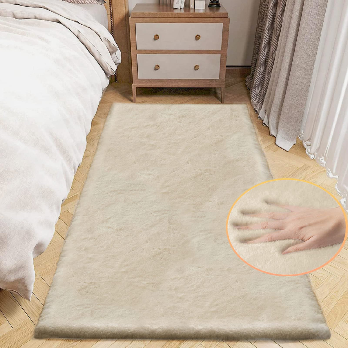 ORINOVA Beige Faux Sheepskin Rabbit Fur Shaggy Rugs for Bedroom Small Shag Washable Fluffy Fur Rug for Living Room Rug 2x3 Nursery Rectange Rugs