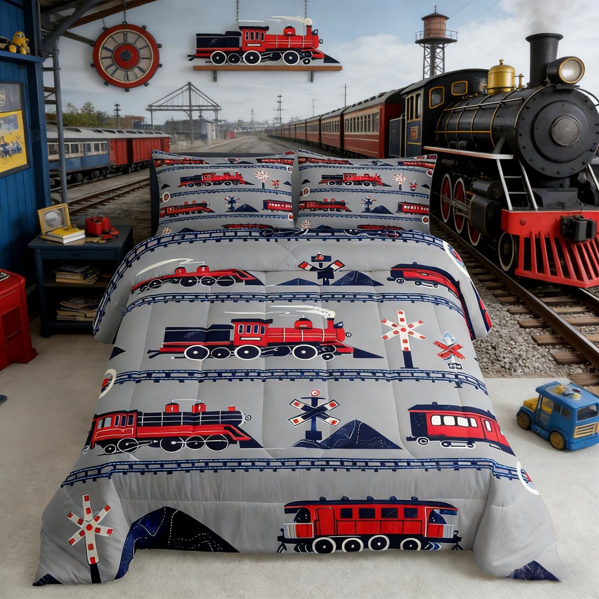 Erosebridal Cartoon Train Comforter Set Twin Kids Bedding for Boys Girls