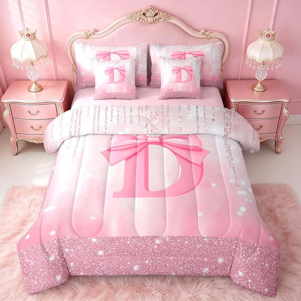Feelyou Kids Pink Bowknot Bed in A Bag Twin Size, Personalized Initial A Comforter Set with Sheets Princess Glitter 7 Pieces Bedding Set Boys Girls Bow Alphabet Teens Bed Set Bedroom Decor 7Pcs