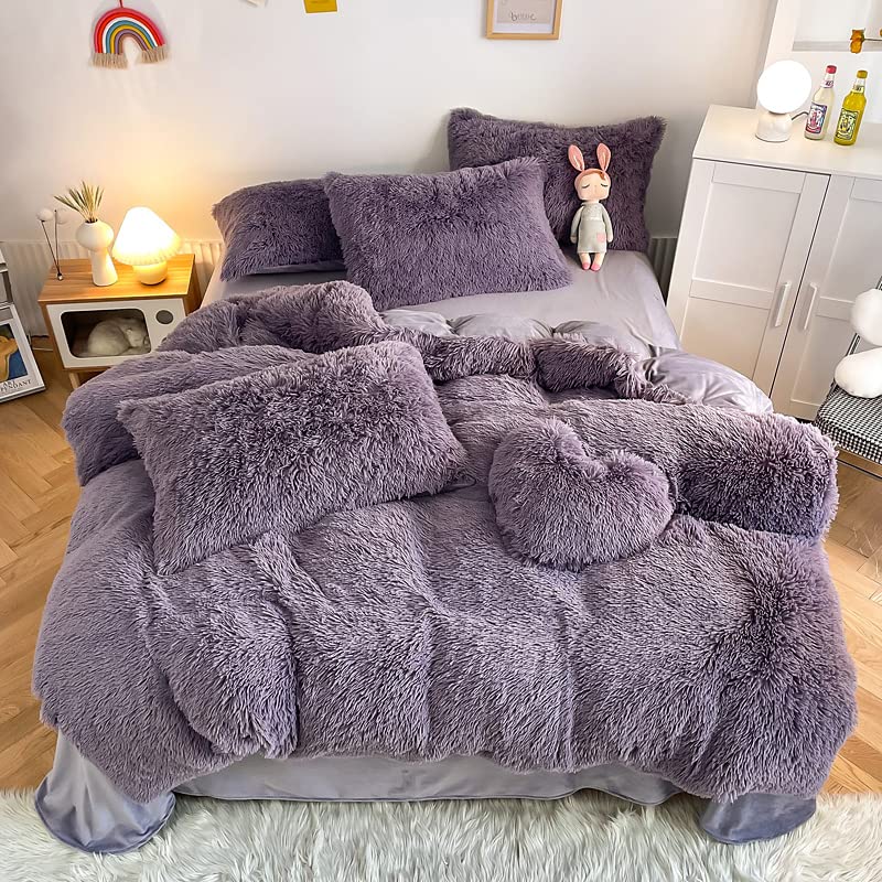 Faux Fur Kids Girls Purple Rainbow Comforter Sets Twin/Full - 3PC Bed Set Warm Comfortable Soft Plush Flannel Velvet Fluffy Fuzzy Bedding（Comforter x 1 Pillowcases x 2）