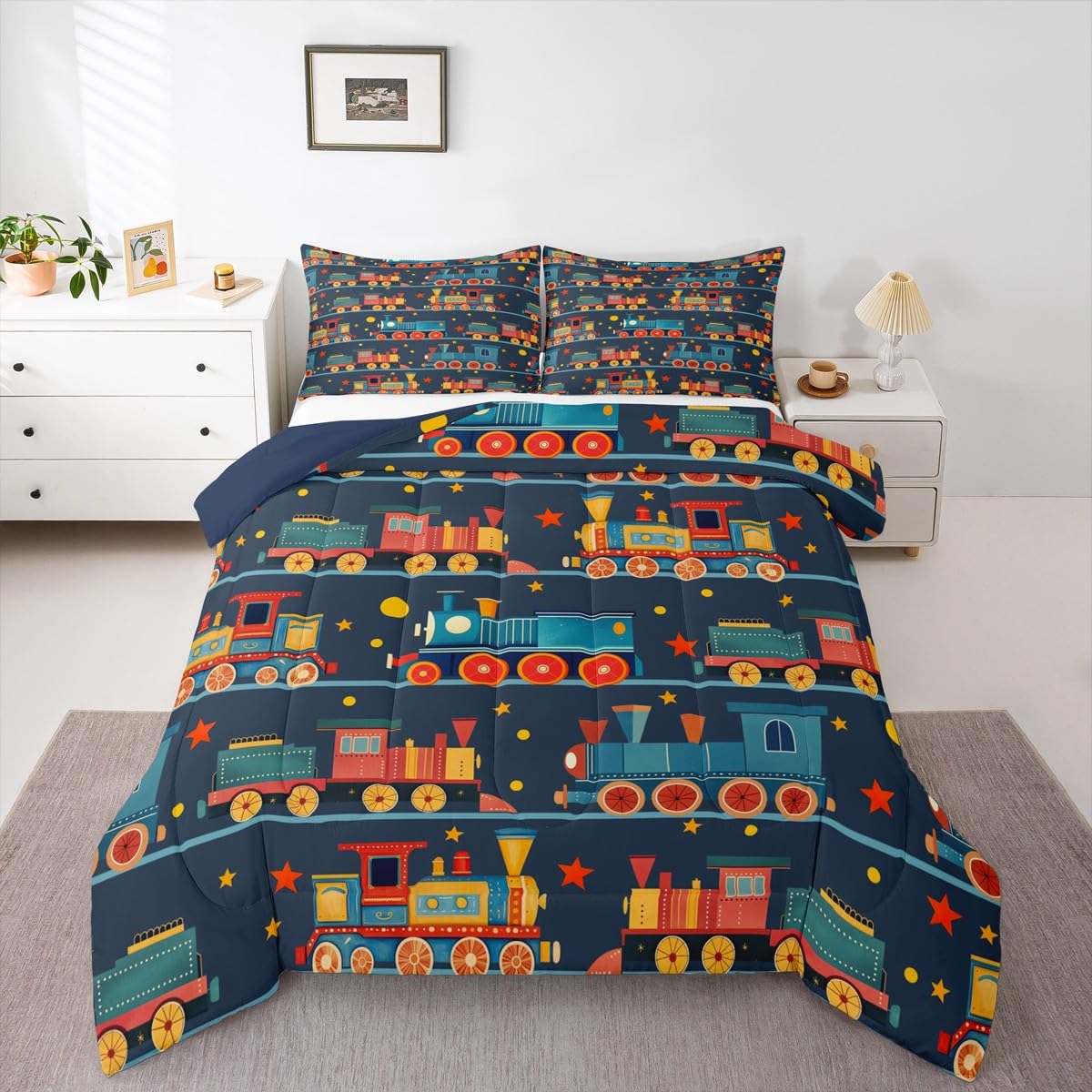 Erosebridal Cartoon Train Comforter Set Twin Kids Bedding for Boys Girls