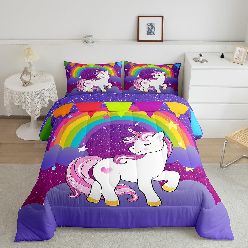 Erosebridal Girls Unicorn Comforter Set Twin Girls Bedding Set Cute Rainbow Unicorn Print Down Comforter Kids Cartoon Kawaii Duvet Insert Galaxy Stars Fantasy Room Decor Children Reversible Purple