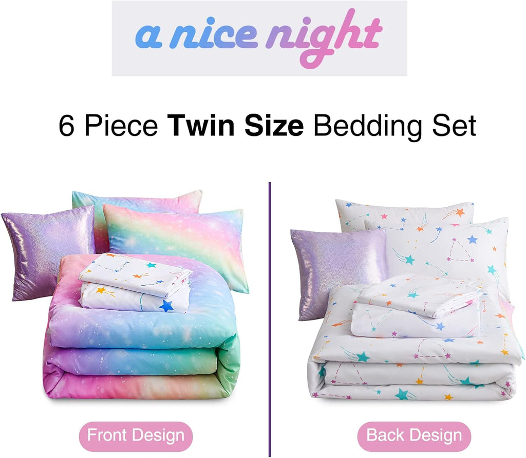 A Nice Night 6Pcs Gradient Glitter Twin Comforter Sets for Kids