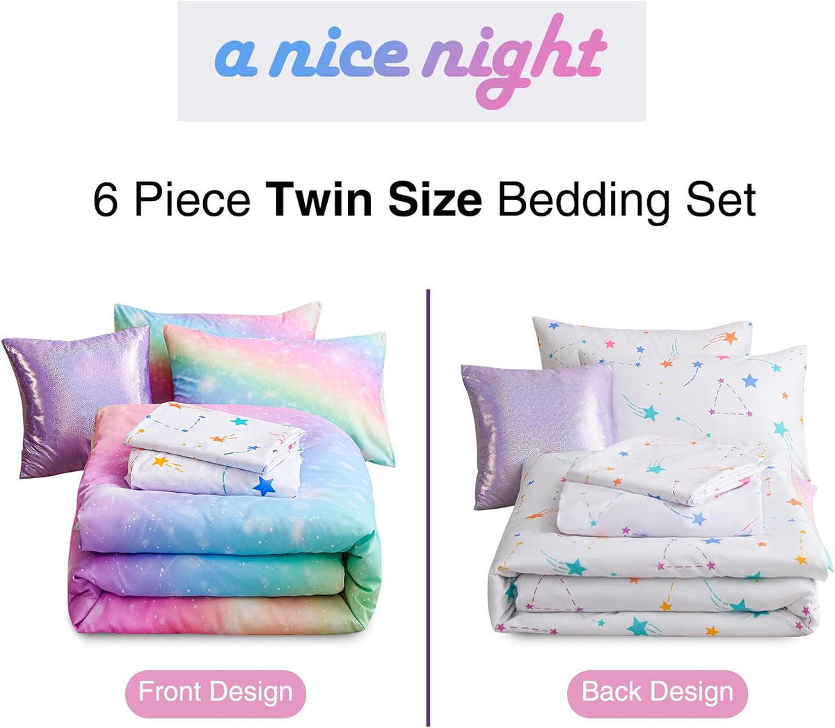 A Nice Night 6Pcs Gradient Glitter Twin Comforter Sets for Kids
