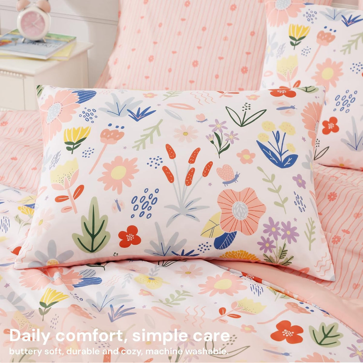 Twin XL Comforter Set for Girls - 5 Pieces Pink Floral Bed in a Bag
