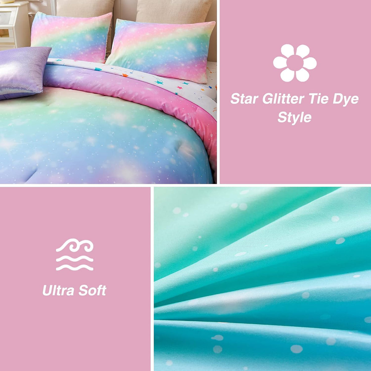 A Nice Night 6Pcs Gradient Glitter Twin Comforter Sets for Kids