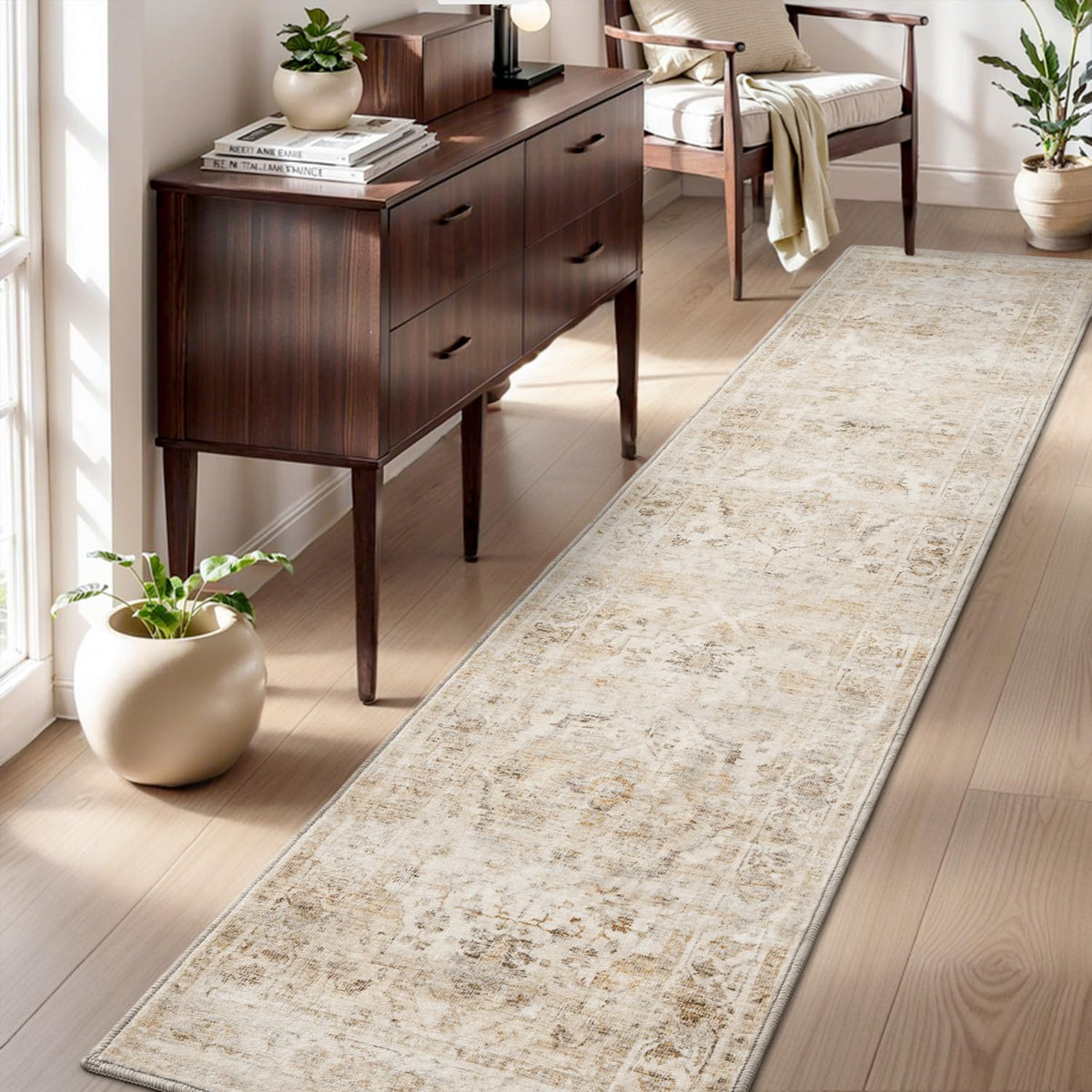 AMOAMI-Area Rug 5X7 Rugs for Living Room-Vintage Soft Beige Rugs for Bedroom-Non Slip Carpet-Machine Washable Rug for Dining Room Living Room Bedroom Office Under Table-Beige