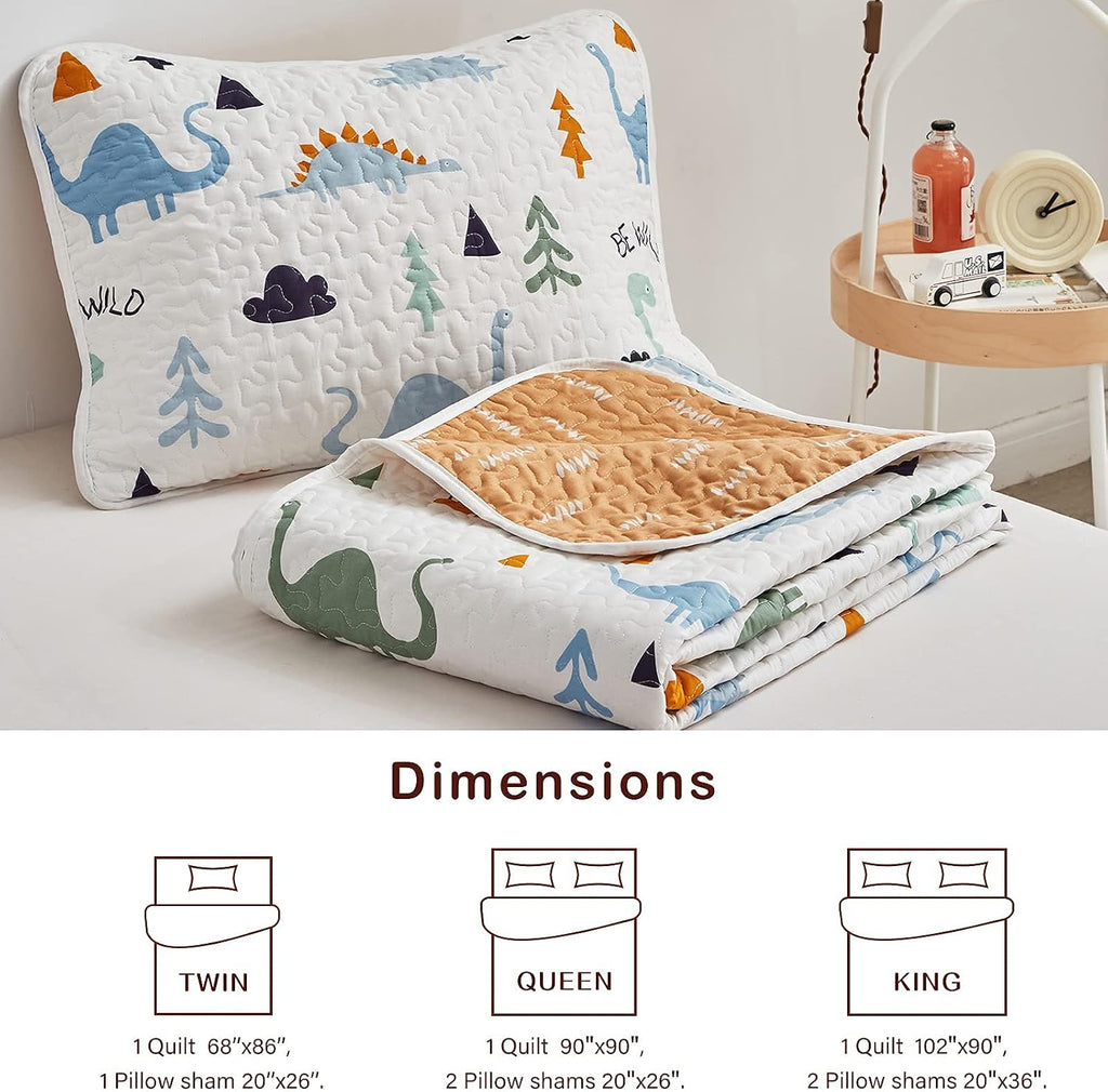 Joyreap 3-Piece Cotton Quilt Set Full/Queen, Cute Dinosaur Reversible Design for Kids Boys n Girls, Breathable Quilt Bedspread Bed Cover for All Season, 1 Quilt and 2 Pillow Shams- 90x90 inches