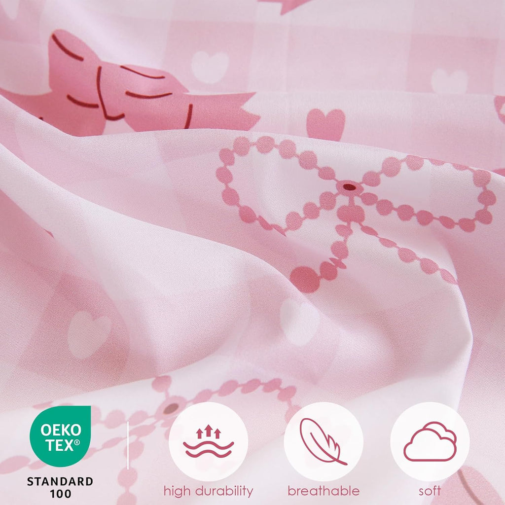 Twin Size Pink Check Comforter Set for Kids, Toddler, Boys&Girls, 4 Pieces Bed-in-a-Bag Bedding Set, All Season Ultra Soft Oeko TEX Sheets Set with Comforter, (Pink Bow)
