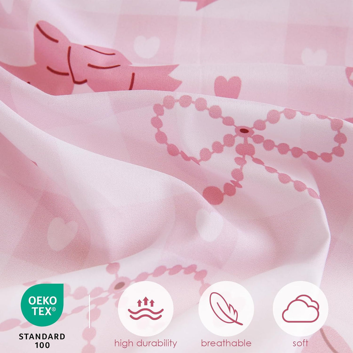 Twin Size Pink Check Comforter Set for Kids, Toddler, Boys&Girls, 4 Pieces Bed-in-a-Bag Bedding Set, All Season Ultra Soft Oeko TEX Sheets Set with Comforter, (Pink Bow)