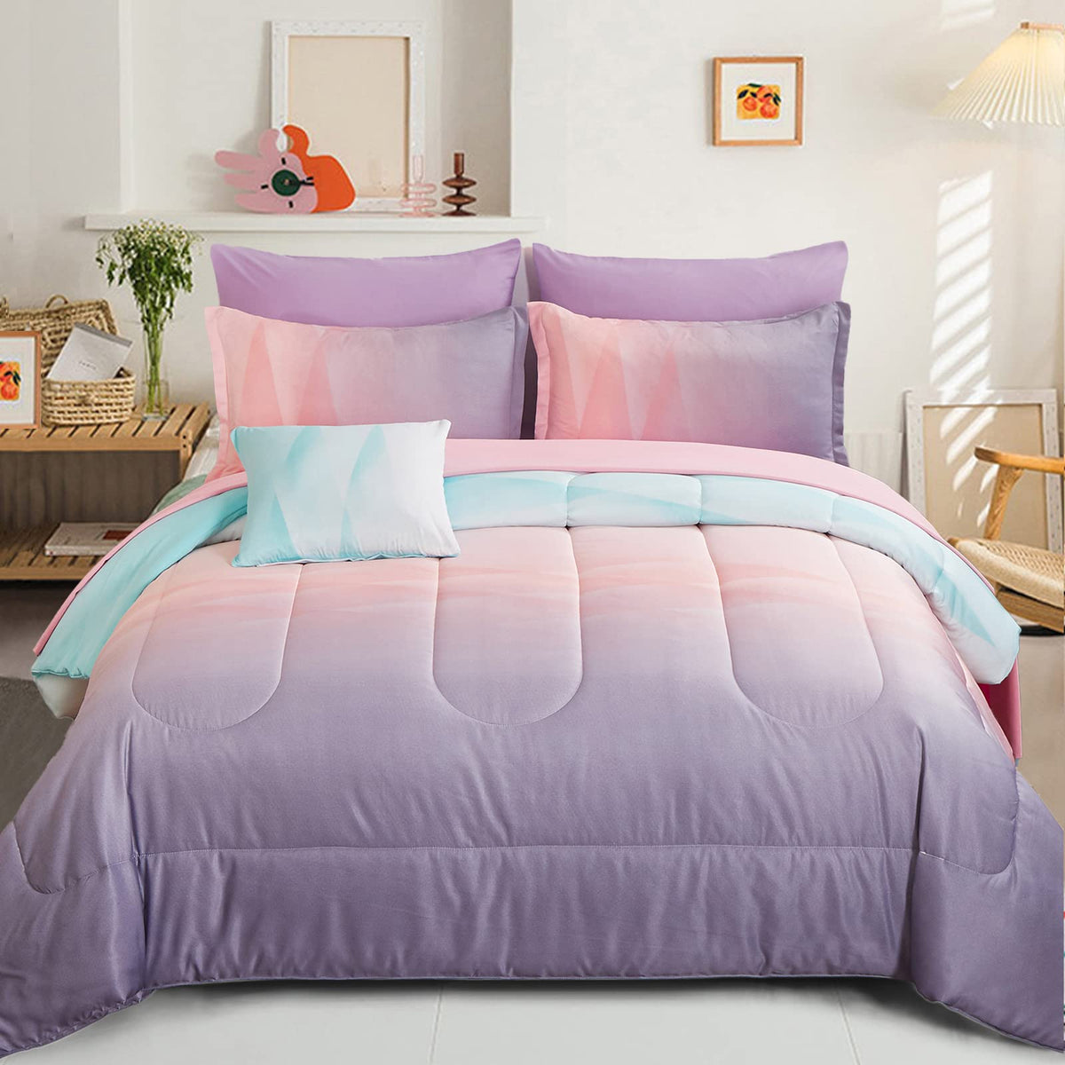 Dinjoy Girls Comforter Set 7 Pieces, Queen Size Colorful Ombre Rainbow Bedding Set, Bed in A Bag for Kid Teen Girls (1 Comforter, 1 Flat Sheet, 1 Fitted Sheet, 2 Pillow Shams, 2 Pillowcases)