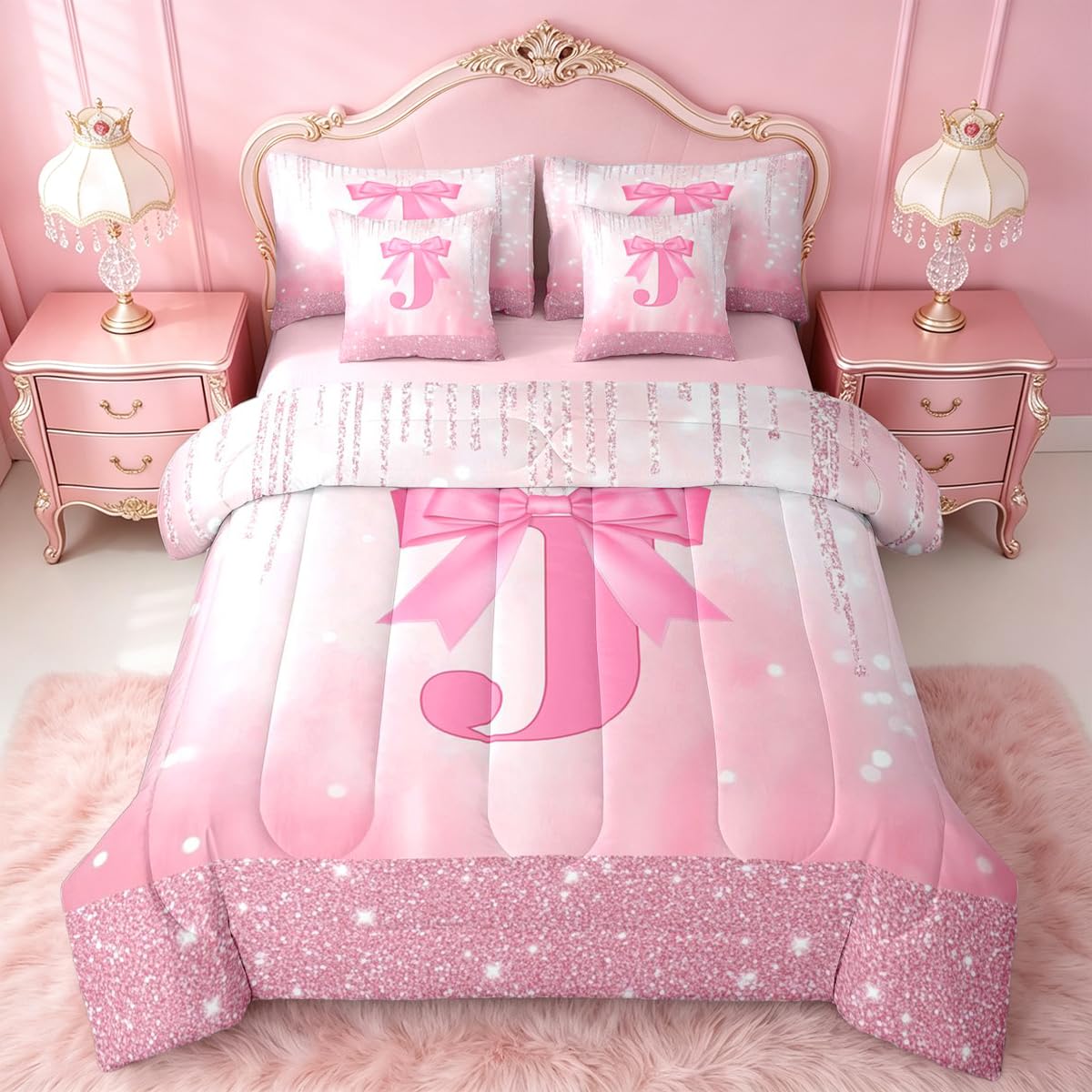 Feelyou Kids Pink Bowknot Bed in A Bag Twin Size, Personalized Initial A Comforter Set with Sheets Princess Glitter 7 Pieces Bedding Set Boys Girls Bow Alphabet Teens Bed Set Bedroom Decor 7Pcs