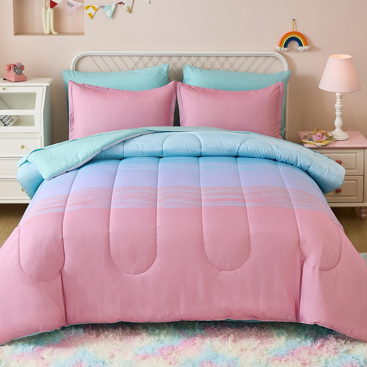 Dinjoy Girls Comforter Set 7 Pieces, Queen Size Colorful Ombre Rainbow Bedding Set, Bed in A Bag for Kid Teen Girls (1 Comforter, 1 Flat Sheet, 1 Fitted Sheet, 2 Pillow Shams, 2 Pillowcases)