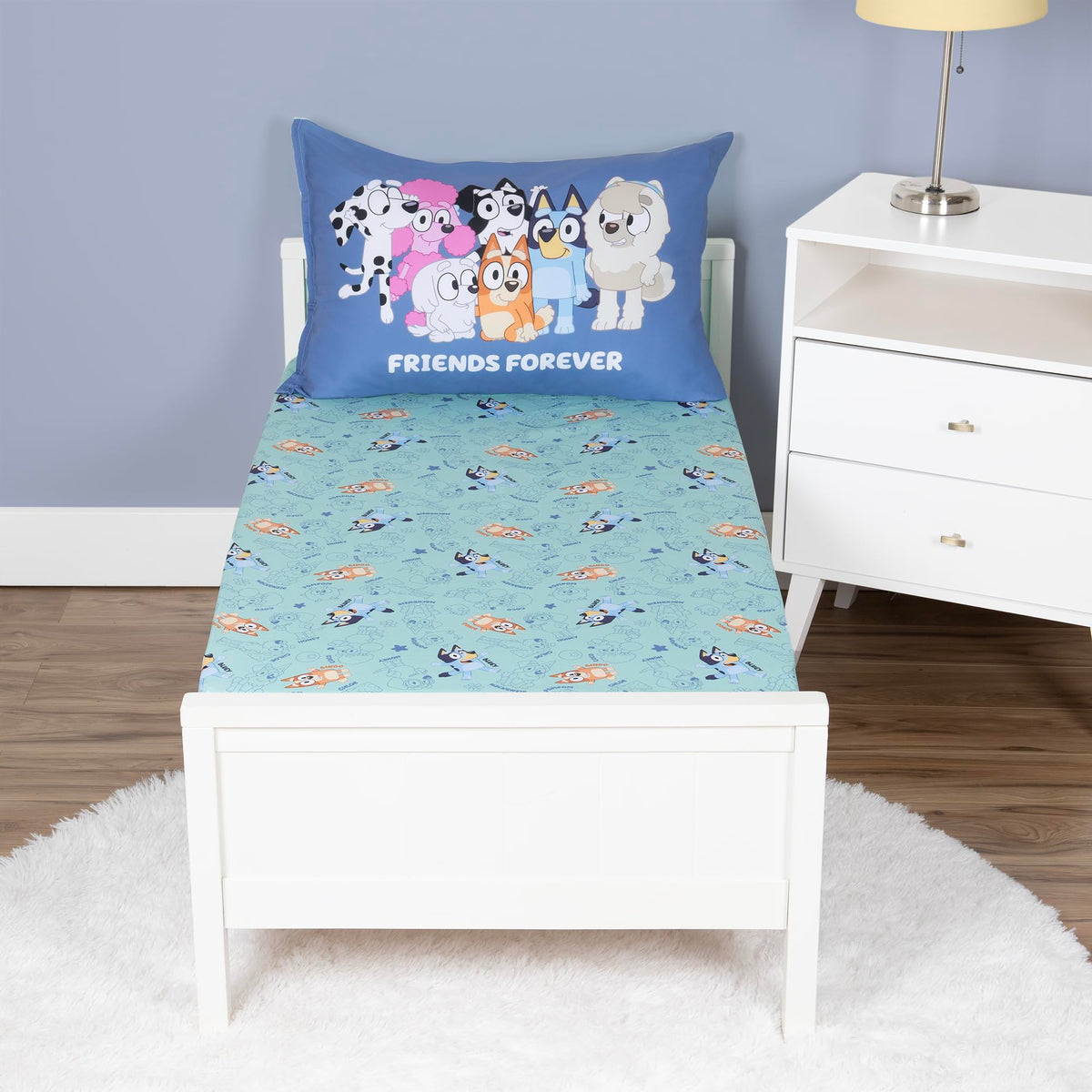 Bluey 4 Piece Toddler Bedding Set – Includes Comforter, Sheet Set – Fitted Top Sheet Reversible Pillowcase for Boys or Girls Bed, Blue