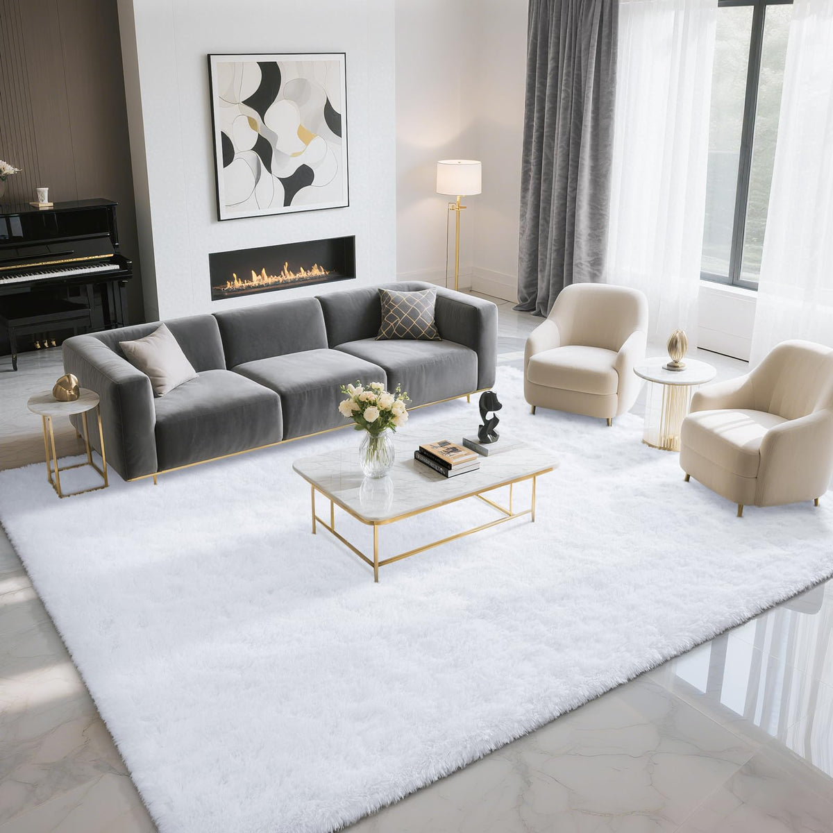 BENRON Cream White Fluffy Rugs for Living Room Bedroom 4x6, Washable