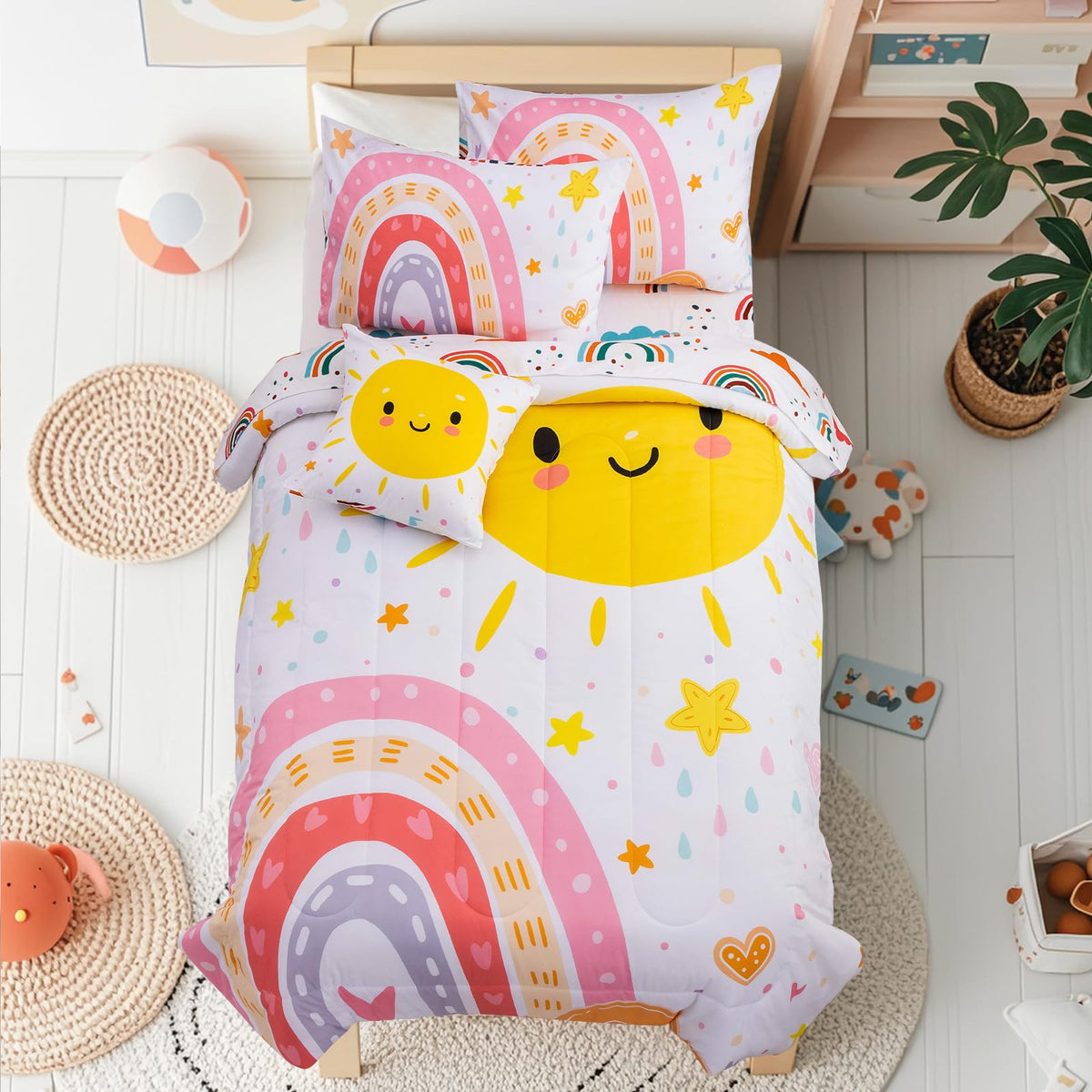 Btargot 5 Piece Full Size Pink Rainbow Comforter Set for Girls Boys Kids, Cartoon Cartoon Butterfly Bedding Set, Bed in a Bag with Comforter, Sheets and Pillowcases