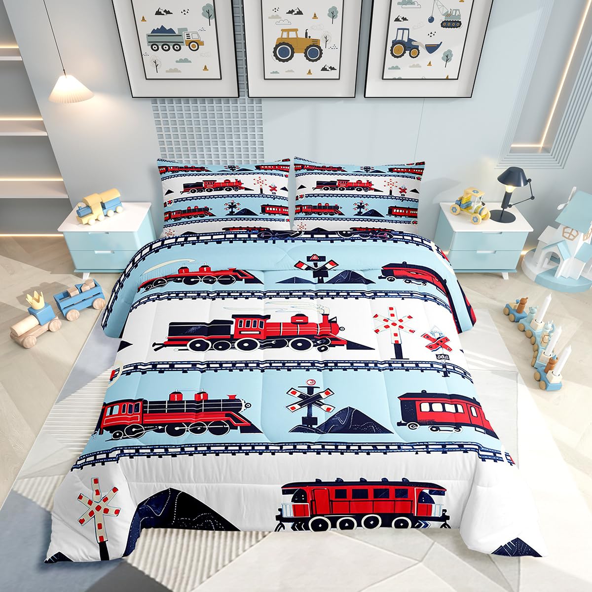 Erosebridal Cartoon Train Comforter Set Twin Kids Bedding for Boys Girls