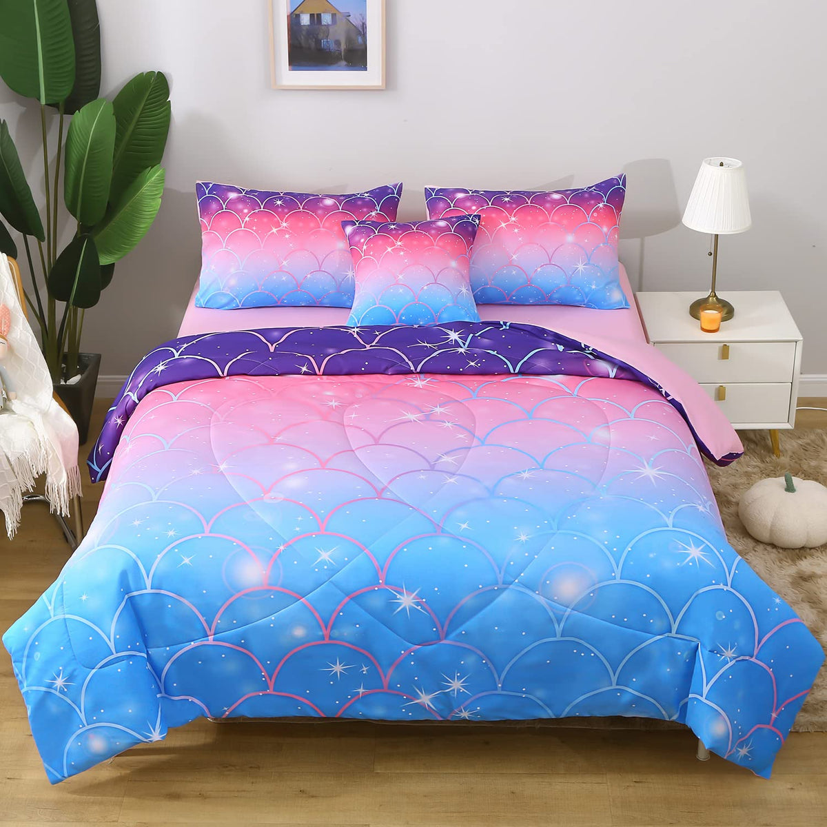 JQinHome Twin Pink Purple Comforter Set, 6 Piece Bed in A Bag 3D Colorful Bedding Set for Girls Kids (1 Comforter,2 Pillowcases,1 Flat Sheet,1 Fitted Sheet,1 Cushion Cover)(Pink Purple)