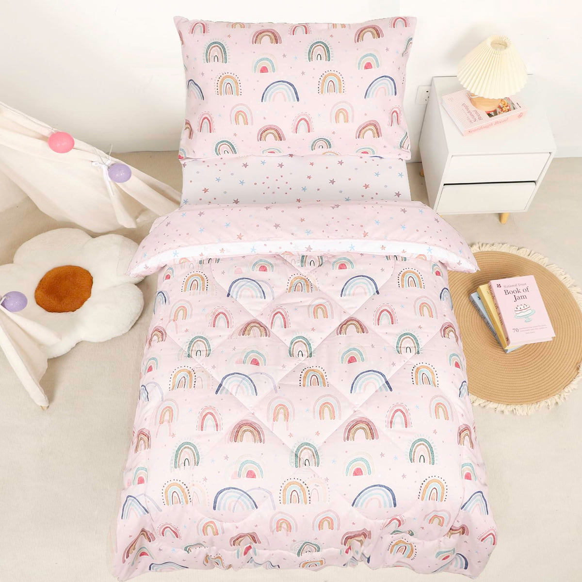 Toddler Bedding Set for Girls 4 Piece Pink Rainbow Toddler Girl Bedding Set Super Soft & Lightweight Toddler Comforter Set Includes Comforter, Flat Sheet, Fitted Sheet, Pillowcase