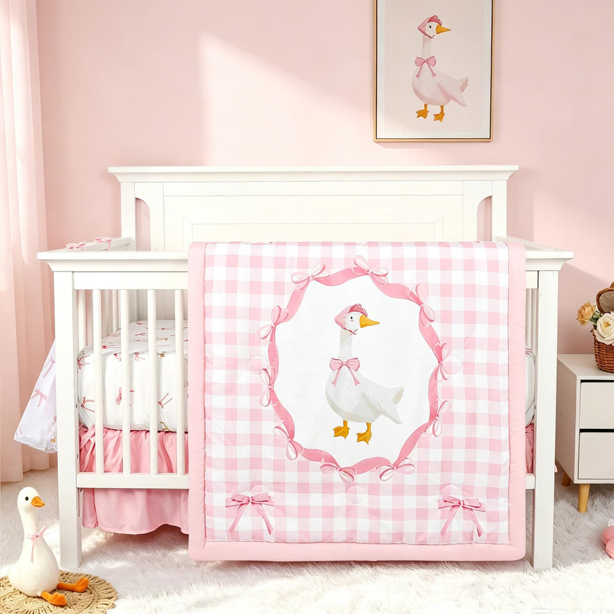 CARULLI Crib Bedding Set for Girls, 4-Piece Pink Rainbow Baby Crib Bedding Set, Soft & Cozy Crib Sets Includes Comforter, Fitted Crib Sheet, Crib Skirt, and Diaper Stacker