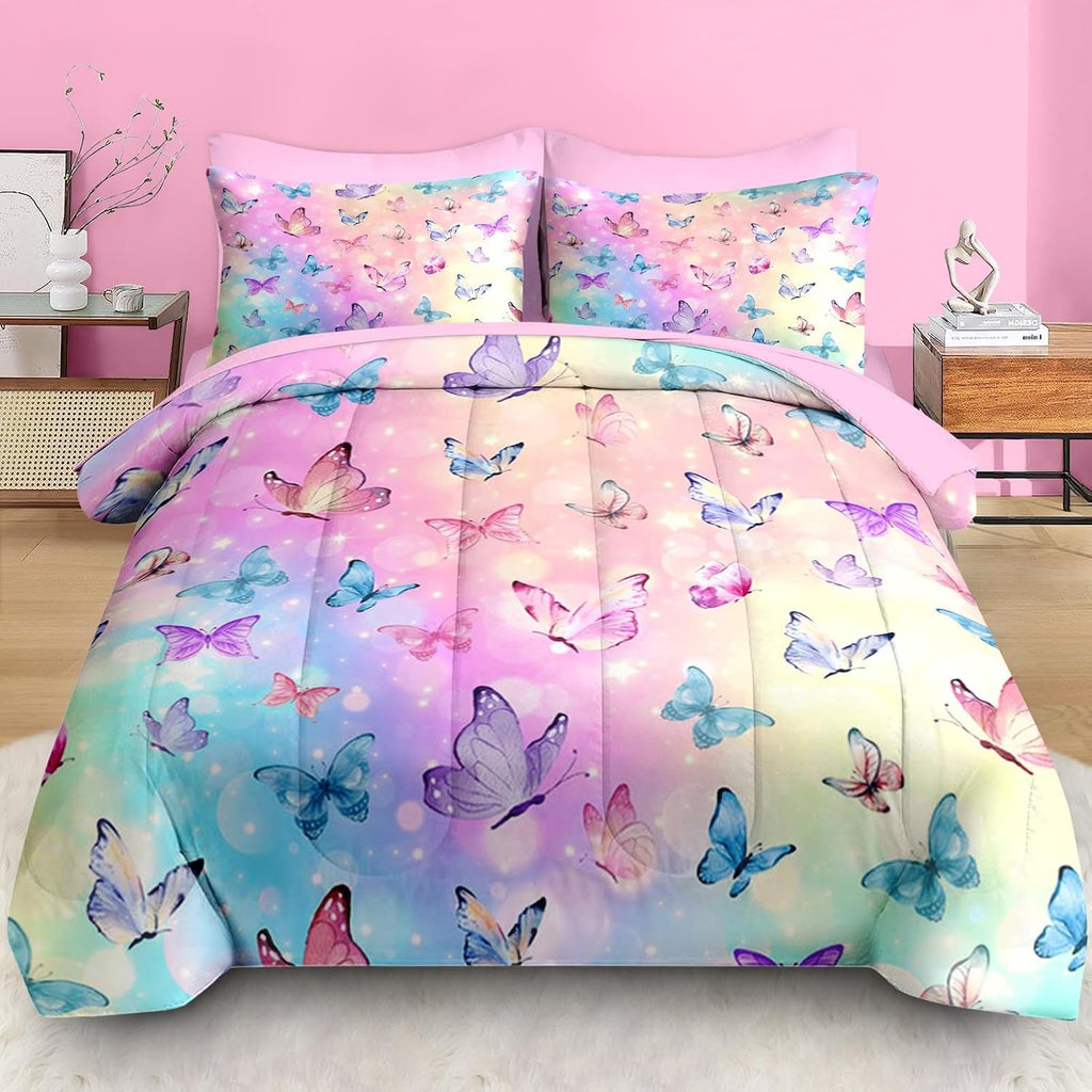 Pamnest Twin Comforter Set for Girls, 5 Pieces Butterfly Bedding Set