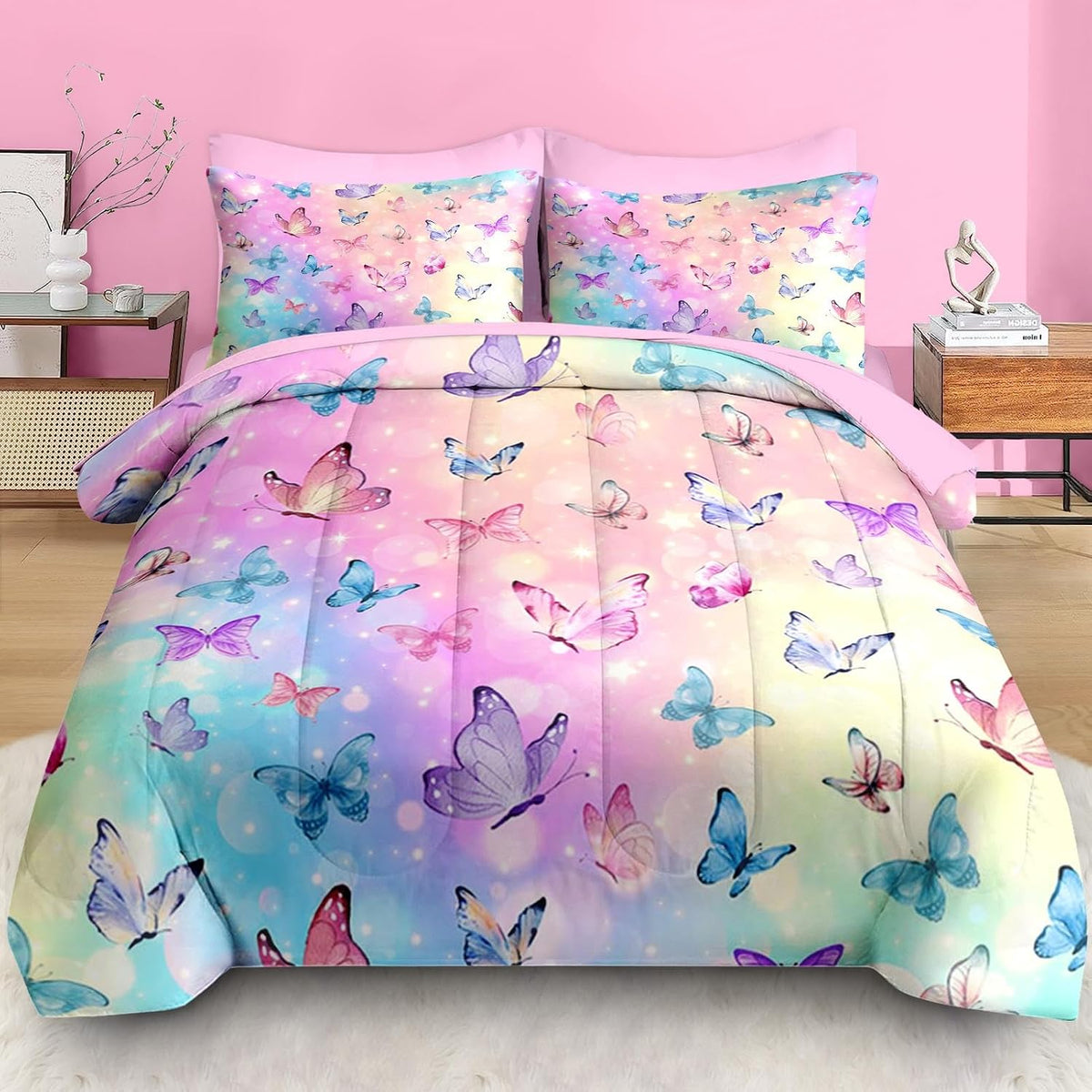 Pamnest Twin Comforter Set for Girls, 5 Pieces Butterfly Bedding Set