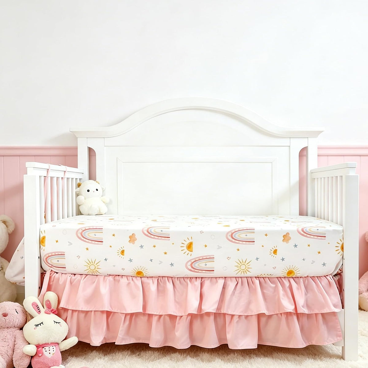 CARULLI Crib Bedding Set for Girls, 4-Piece Pink Rainbow Baby Crib Bedding Set, Soft & Cozy Crib Sets Includes Comforter, Fitted Crib Sheet, Crib Skirt, and Diaper Stacker